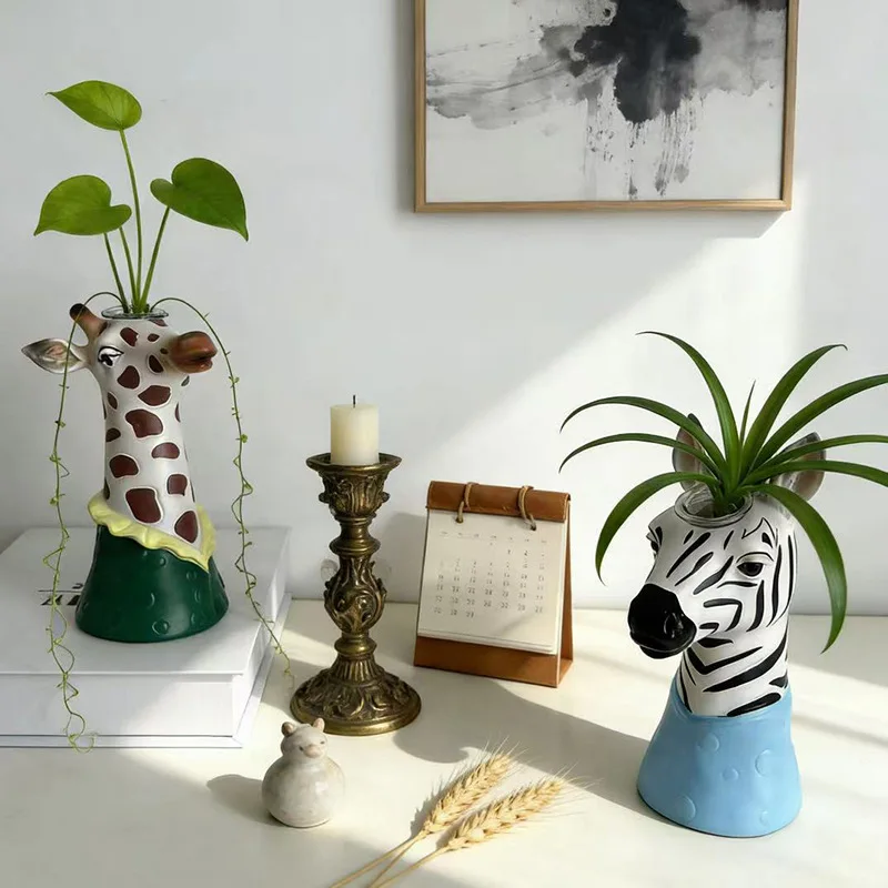 Animal Succulent Plant Flowerpot Flower Vase Basket Cartoon Animal Avatar Zebra Giraffe Statue Home Decoration