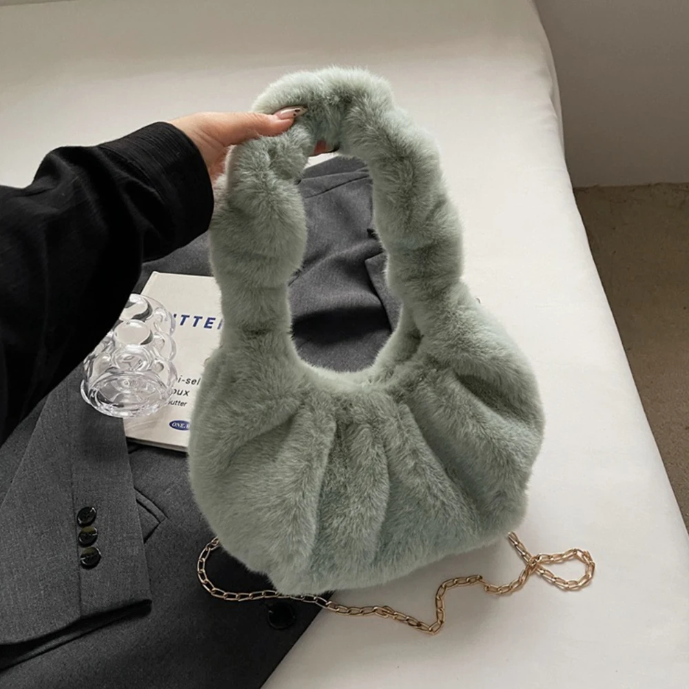 Women Furry Tote Bag with Chain Winter Faux Fur Bag Solid Color Fuzzy Shoulder Bag Plush Crossbody Bag Female Commute Bag