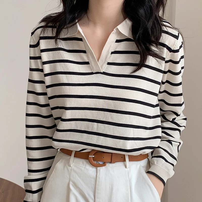 2022 New Spring Autumn Striped Women Tshirt Apricot Polo Collar Long Sleeve Top Casual T-shirts Korea Fashion Tee Shirt Femme