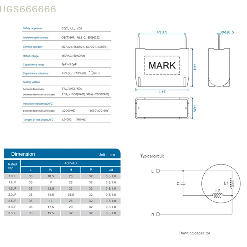 Condizionamento Pin Scheda madre Condensatore Parte di avviamento BM CBB61 1/1.2/1.5/2/2.5/3/3.5uF 450V Aria