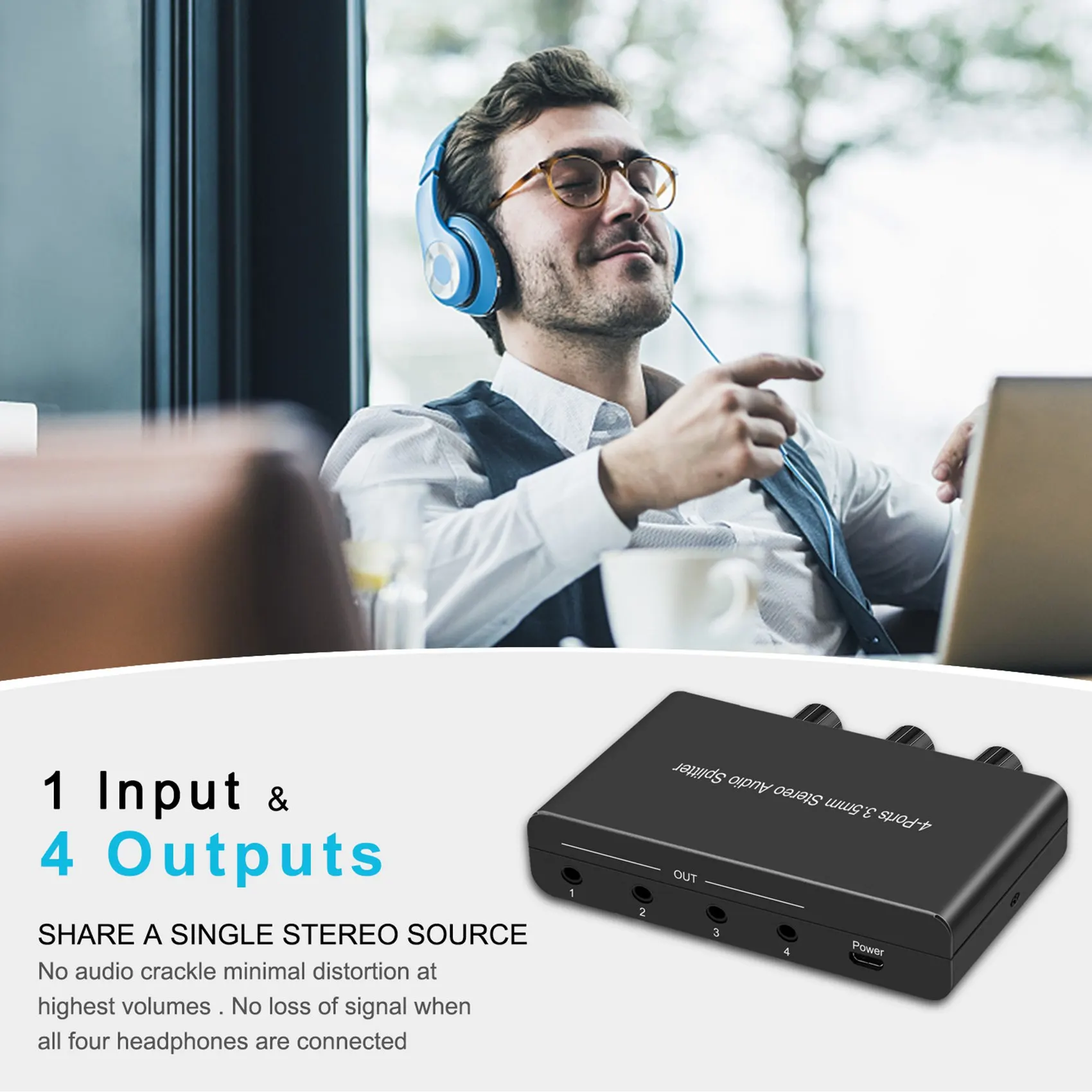 Wzmacniacz audio 3,5 mm 4-portowy stereofoniczny rozdzielacz audio Wzmacniacz Słuchawki Selektor Konwerter audio Adapter do głośnika