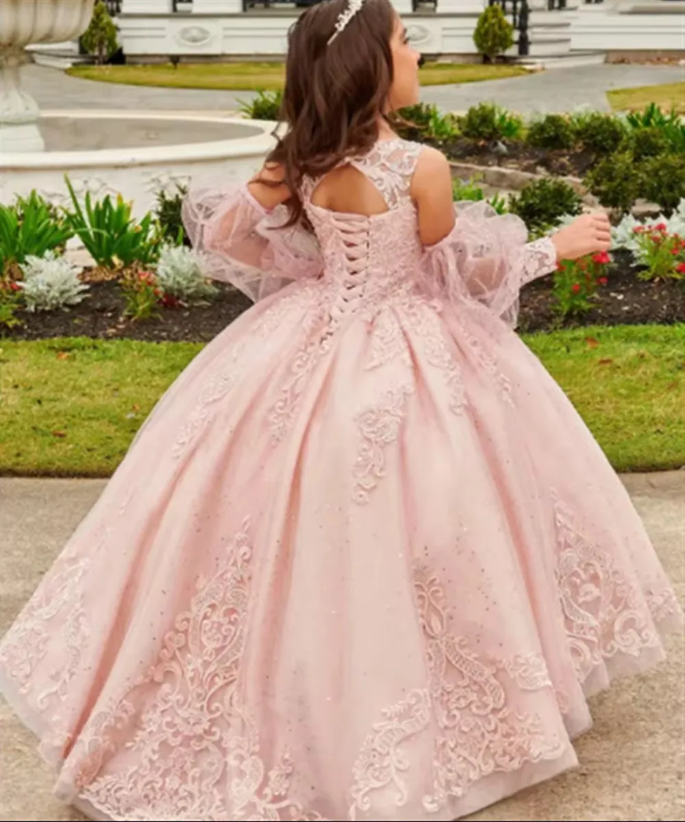 

Luxury Sleeveless Flower Girl Wedding Dress Lace Appliques Sequin Beaded Elegant Girl Kids Birthday Party First Communion Gown