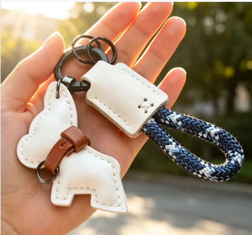 

Handmade Puppy Premium Leather Car Key Chain Cute French Fighting Dog Pendant Creative Couple Gift High-end Bag Accessories