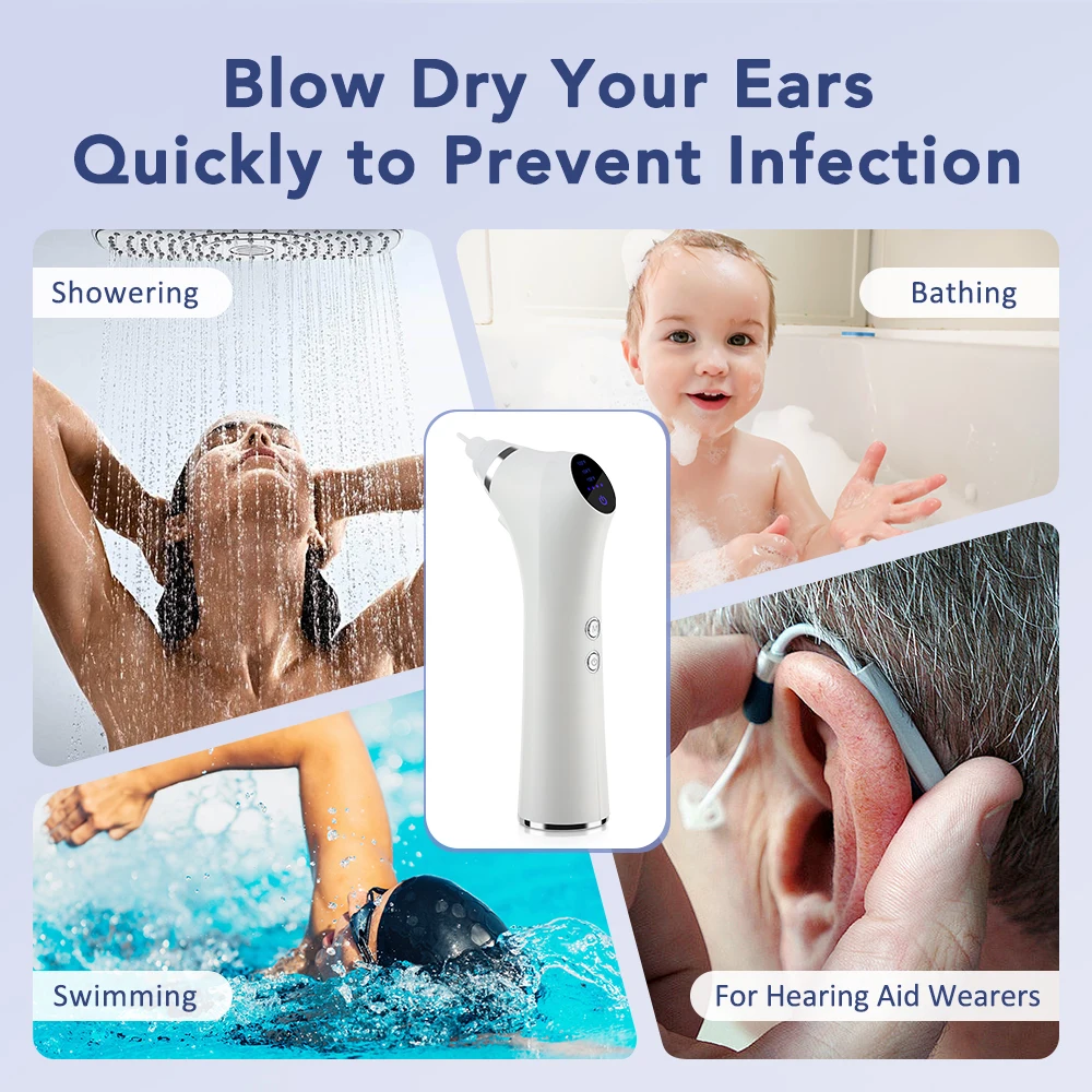 Secador de oídos inteligente de temperatura constante para el hogar con 3 niveles de velocidad del viento para secado y cuidado del conducto auditivo 3 tipos de puntas para los oídos