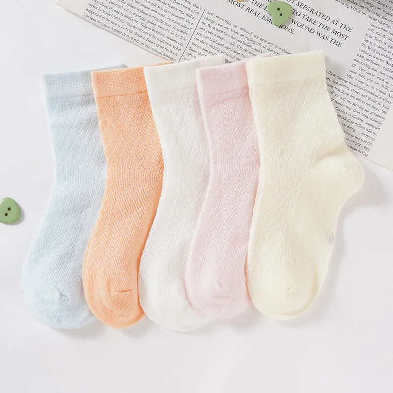 

5 Pairs Of Candy-Colored Breathable Sweat-Absorbent Mesh Socks For Girls Soft Combed Cotton Mid-Tube Casual Children Socks