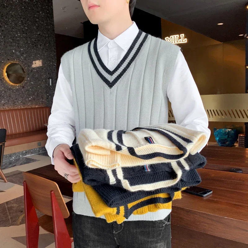 

Plain Solid Loose Warm Outdoor Vest Waistcoat Sweatshirts Pullover Striped Soft Tops Men V-Neck Sleeveless Knitwear Knit Sweater