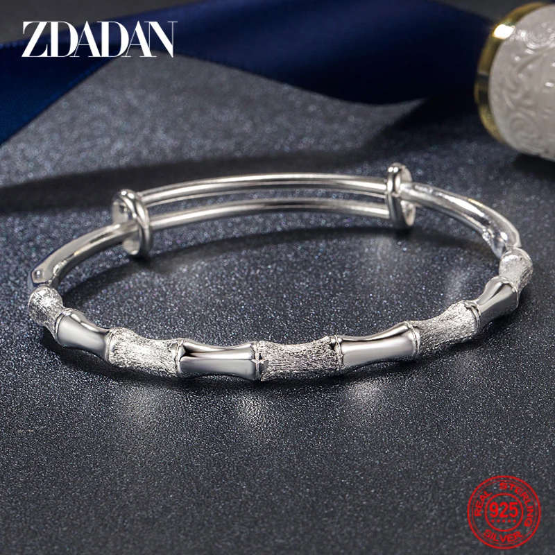ZDADAN 925 Sterling Silver Bamboo Push Pull Adjustable Bangles For Women Girls Party Jewelry Gifts