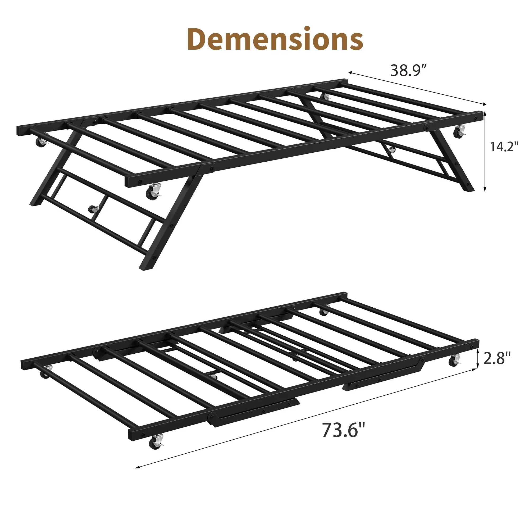 Twin Pop Up Trundle Bed Frame, Trundle Day Bed with Lockable Casters | Foldable Metal Platform,Heavy Duty Metal Slats,Use Solo or With Daybed,For Guest Room,Living Room,Space Saving image 3