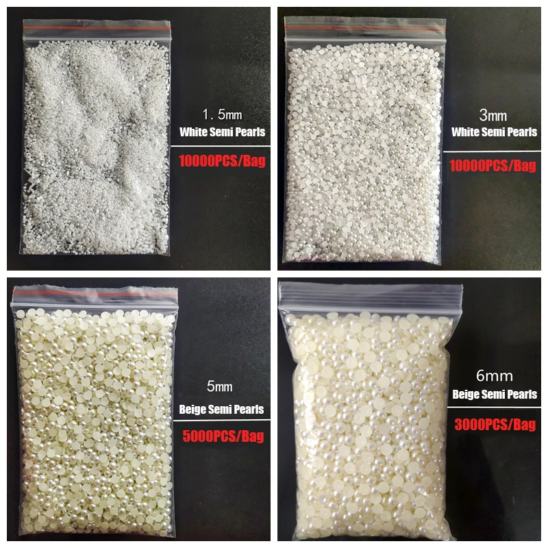 Wholesale 1 Pack 3000-10000PCS 1.5MM-6MM White Beige Flatback Semi Ball Pearls Nail Art Rhinestones Jewelry Manicure Charms