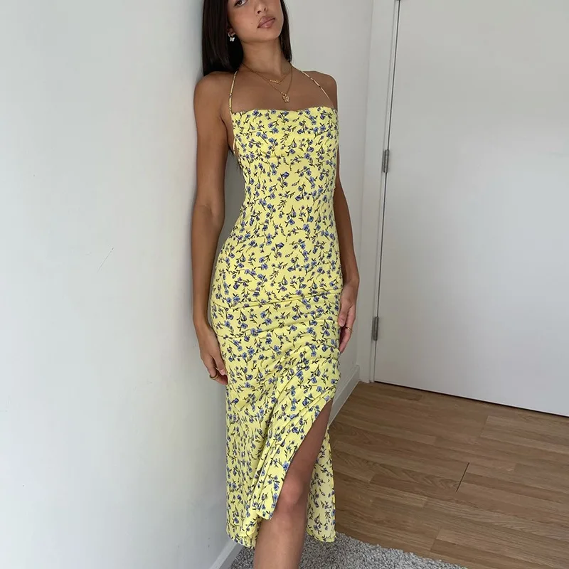 2026 Zomer Vrouwen Bloemen Spaghetti Band Midi Jurk Modieuze Zijsplit Slim Fit Sexy Hot Meisje Vakantie Strand Slip jurken
