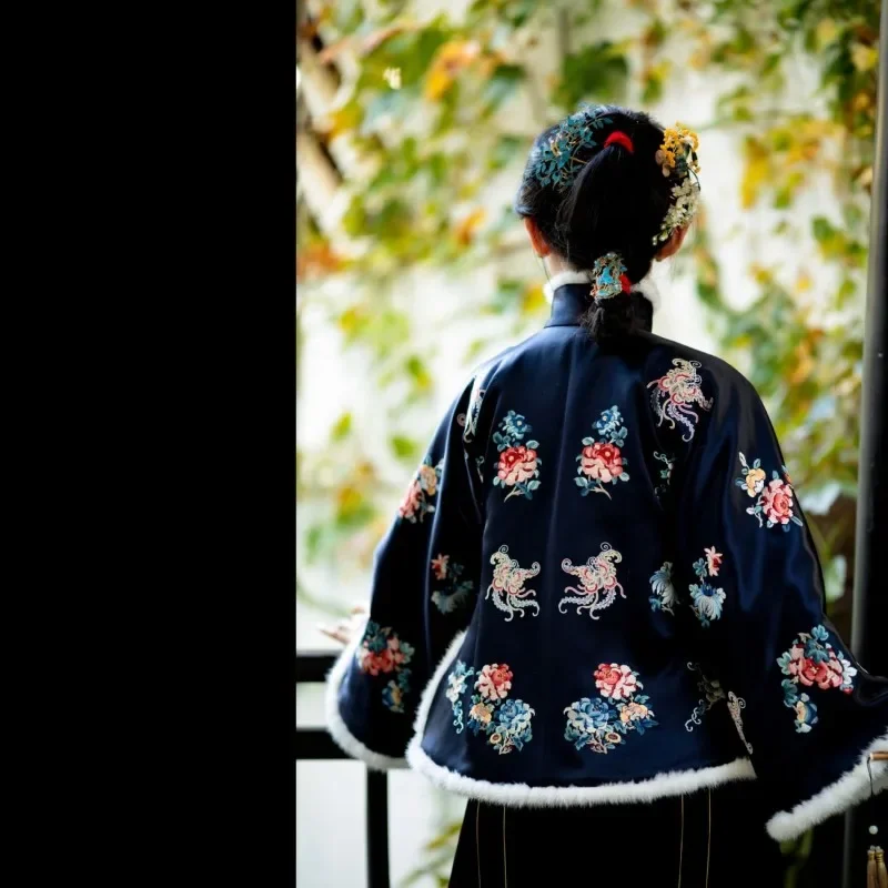 Chinese Traditional Women Clothing Black Peony Print Stand-up Collar Large Sleeves Top Winter Warm Cotton Padded Jacket