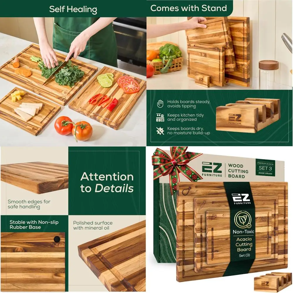 

Набор разделочных досок из 3 предметов из дерева акации — предварительно мастило, зерно кромок, паз для сока, ручки, нескользящие, идеально подходят для мяса и овощей, C