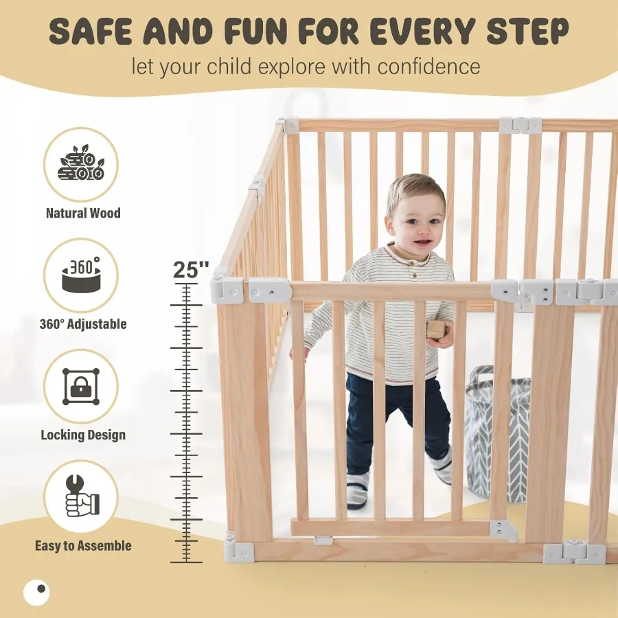 Parque infantil de madera plegable, patio grande para juegos de bebés con puerta de bloqueo para bebés y niños pequeños de 1 a 3 años, parque infantil portátil para actividades Ce