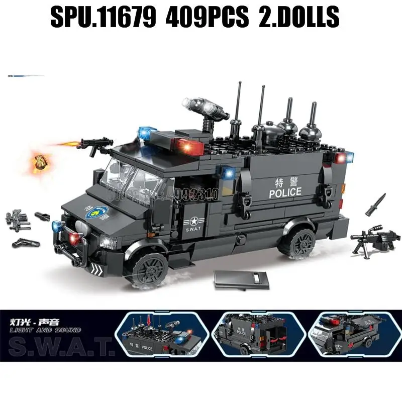 67283 409pcs Police Swat Communication Command Vehicle Car With Light Sound Weapon Boy 2 Dolls Building Blocks Toy