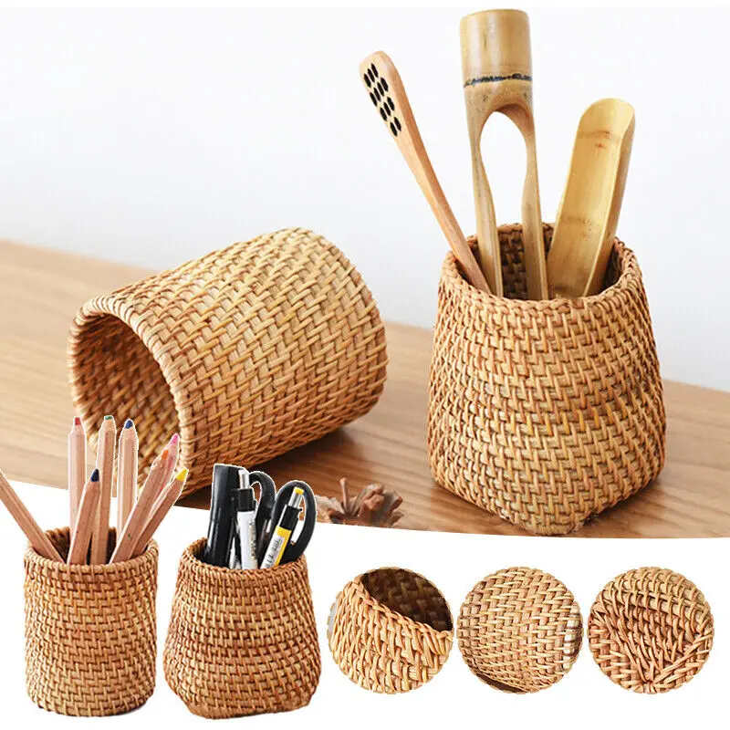 Woven Pen Holder Desktop Storage Box Pen Insert Student School Office Rattan Pen Organizer Handmade Rattan Pencil Cup