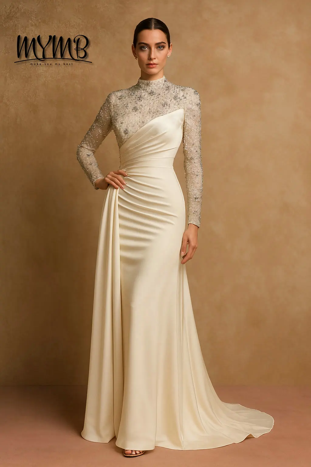 MYMB New Arrival Dubai Long Sleeves High Neck Evening Dresses Plus Size Women Floor Length Pearls Prom Dress for Banquet MY30049