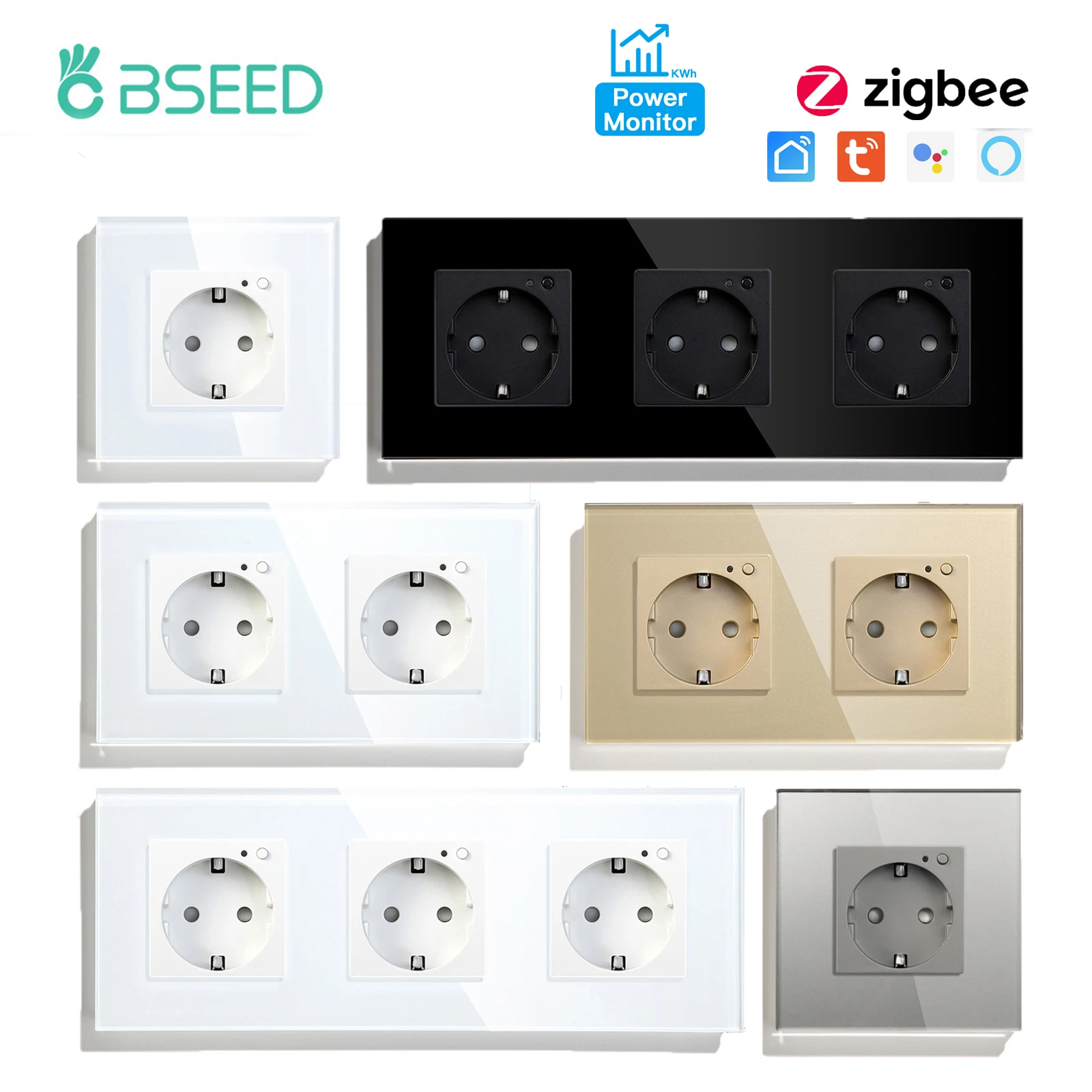 

Умная розетка BSEED ZigBee, двойная розетка европейского стандарта, с тремя розетками, функция мониторинга мощности, работает с Google Home Smart Life Alexa