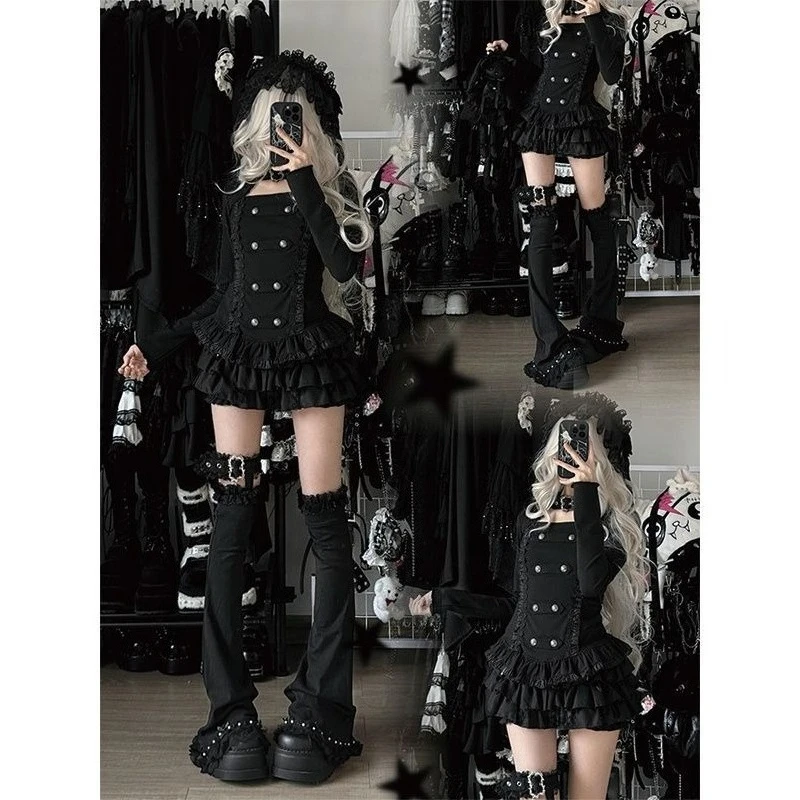 Subculture Vintage Long Sleeve Button Gothic Top + Mini Solid Skirt Two-Piece Set Women Casual Y2k Retro Bodycon Outfit 2026