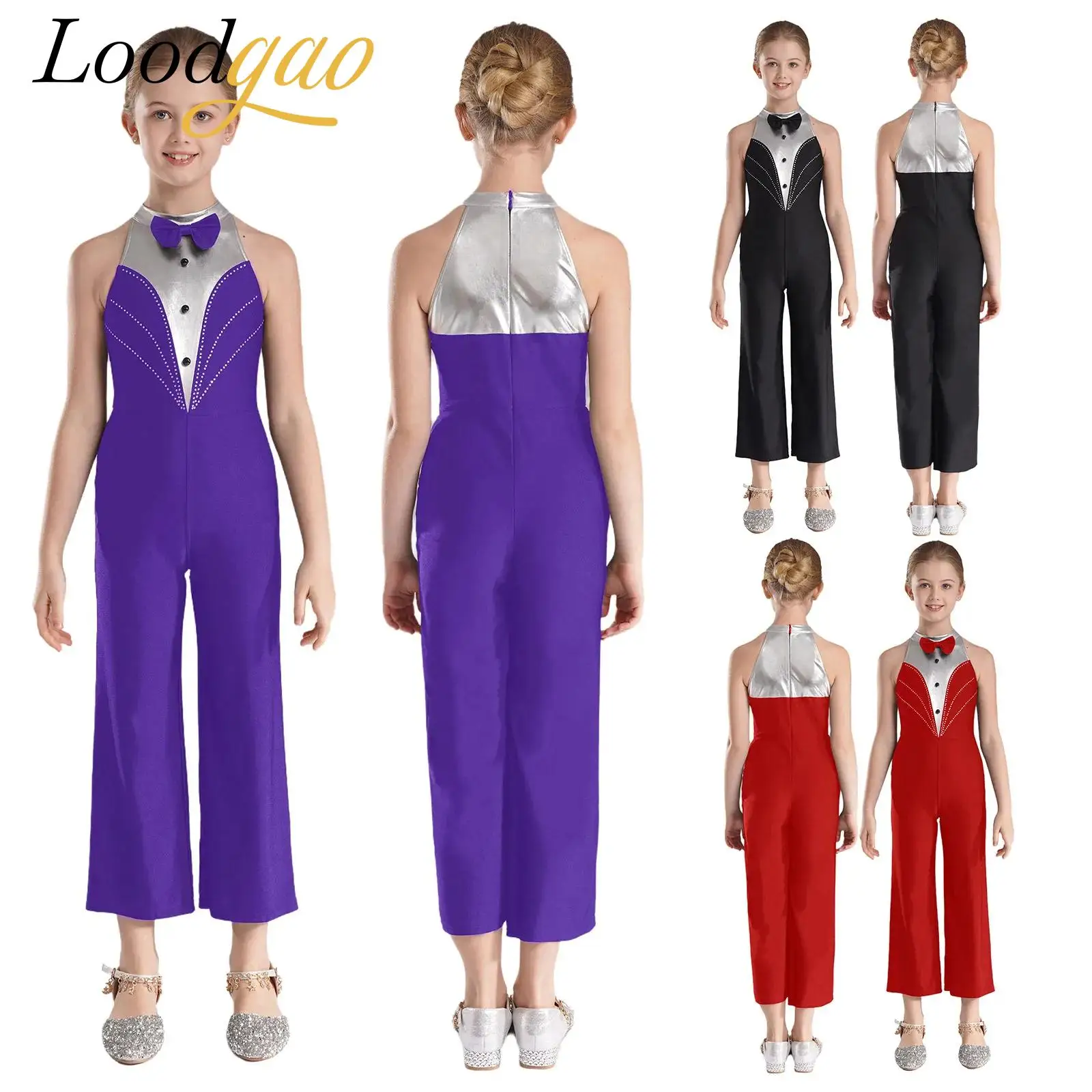 

Kids Girls Bow Tie Modern Jazz Latin Dance Costume Metallic Tuxedo Jumpsuit Sleeveless Bodysuit Performance Dancewear Outfit