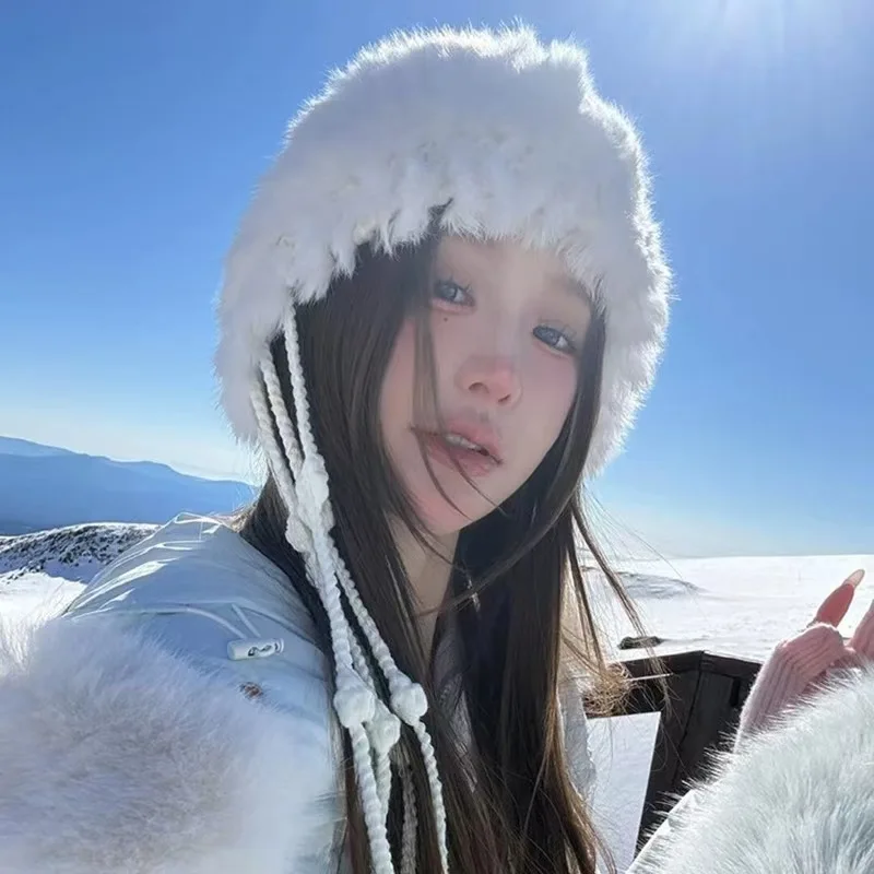 

Новинка 2025 года, шапка-ушанка с кроличьим мехом и бахромой для женщин, осенне-зимняя утягивающая теплая вязаная шапка, лыжная шапка с ушками