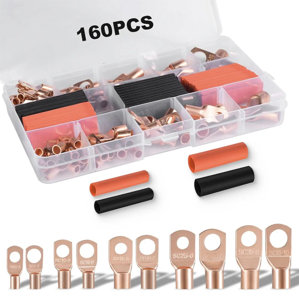 160PCS Copper Wire Lugs AWG 8 4 2 6 10 Gauge Wire Connectors with 80PCS Heat Shrink Tubing Kit，Heavy Duty Battery Cable Ends