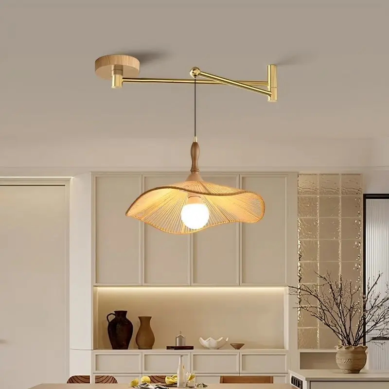 Retro Rocker Arm Pendant Lamps for Dining Table Living Room Kitchen Lighting Gold Silver Arm Hemp Rope Movable Chandelier Light