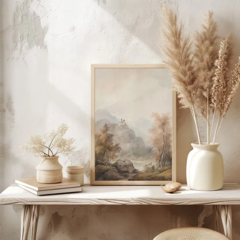 Retro Muted Misty Forest Olive Tree Brown Sketch Neutral Landscape Poster Canvas Painting Wall Art Pictures Home Decor
