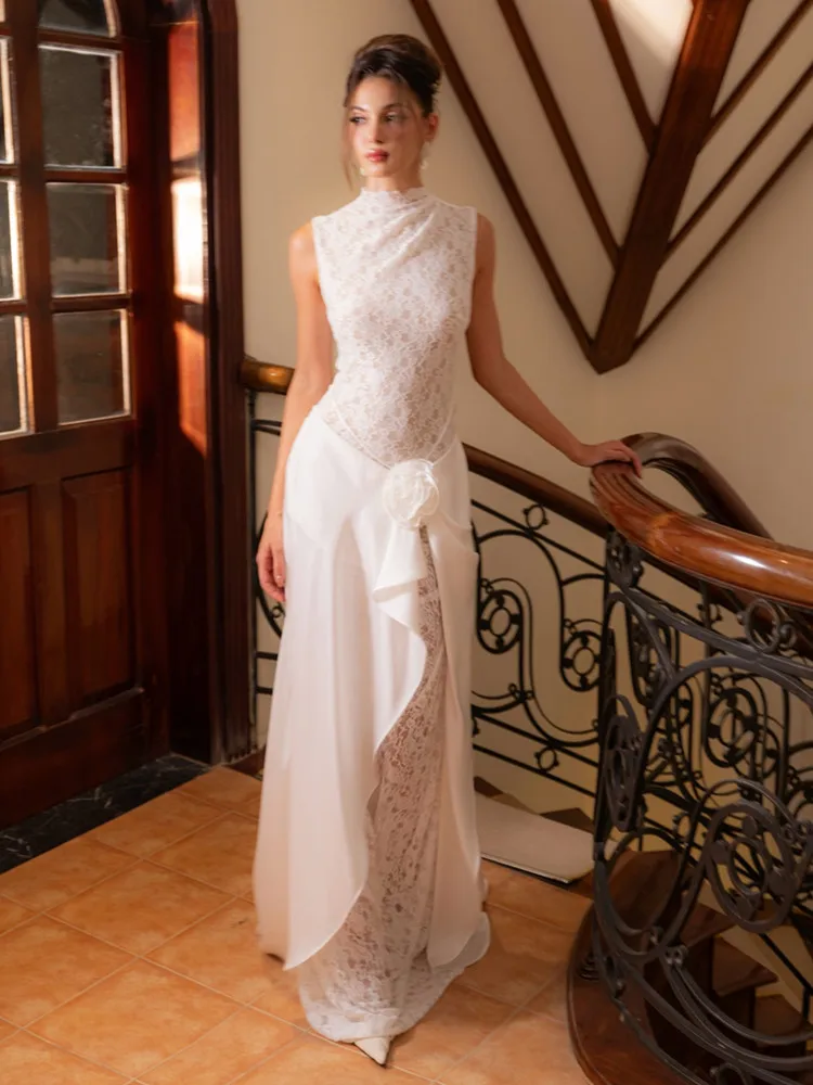 Sukienka maxi z koronką i kwiatami, seksowna, elegancka, na wieczór, imprezę, do klubu, stylizacja celebrytów, model 2026.