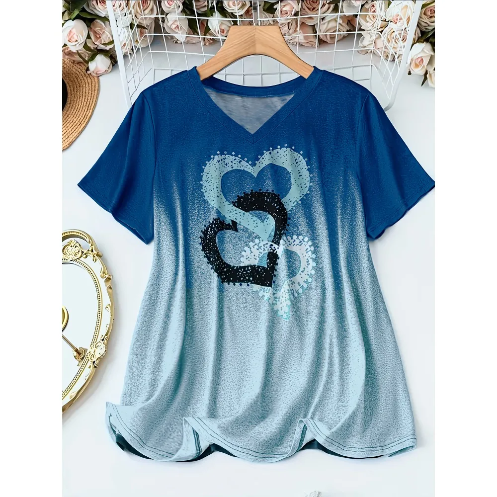 

Plus Size New Women's Popular Gradient Color Love Fashion Print V-neck T-shirt Fashionable Casual Loose Printed Pattern T-Shirt