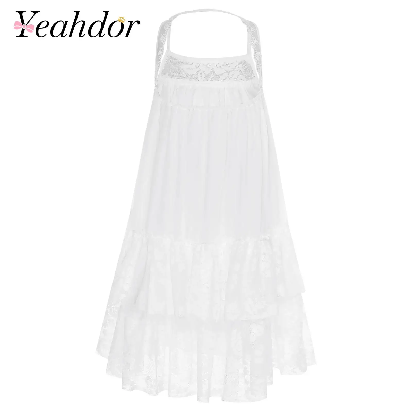 

Girls Casual Birthday Party Dress Sweet Spaghetti Strap Lace Ball Gown Wedding Chiffon Flower Girl Clothes Kids Summer Outfits