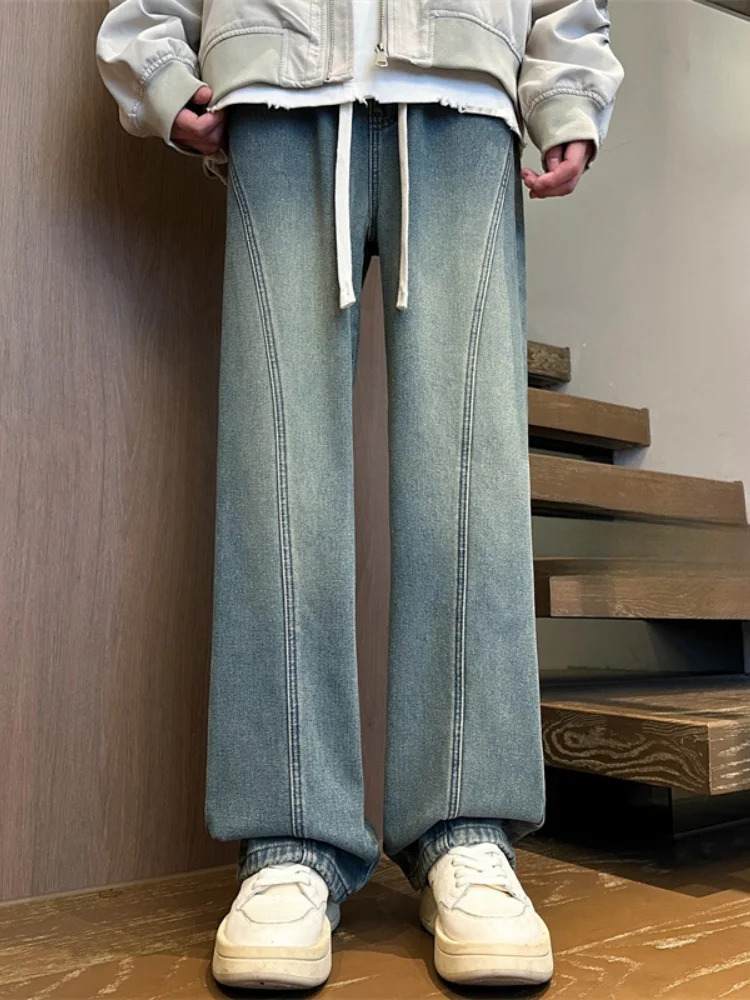 

Мужские джинсы Waed Vintage с флисовой подкладкой, прямые, с широкими штанинами, на шнурке, осенне-зимние, в американском уличном стиле