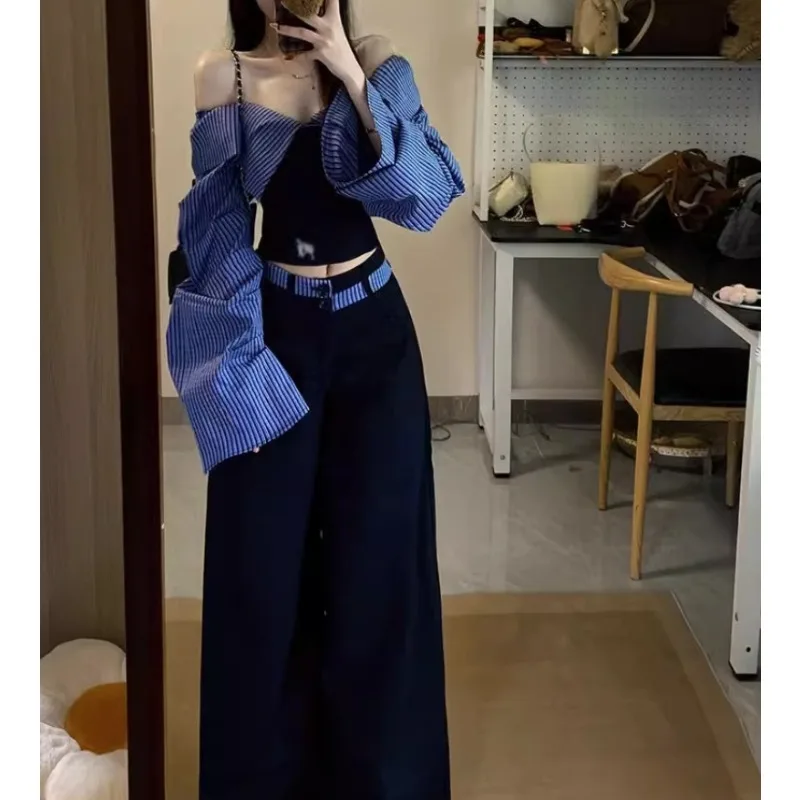 

Pure Desire Style Summer Autumn One-word Shoulder Plaid Splicing Thin Shirt Wide-leg Casual Pants Suit Women's 2026 Spring New