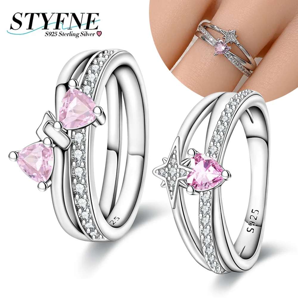

Silver S925 Sweet Pink Zircon Princess Bows Rings for Women Romantic Fine Jewelry Birthday Gift Valentine's Day Ring