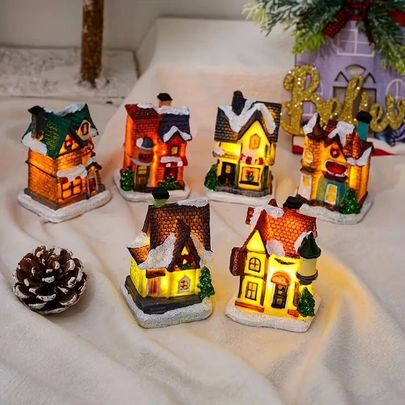 1-4Sets Christmas Resin Mini House Set with LED Lights for Winter Village Display Tabletop Mantle Decor Holiday Home Decorations