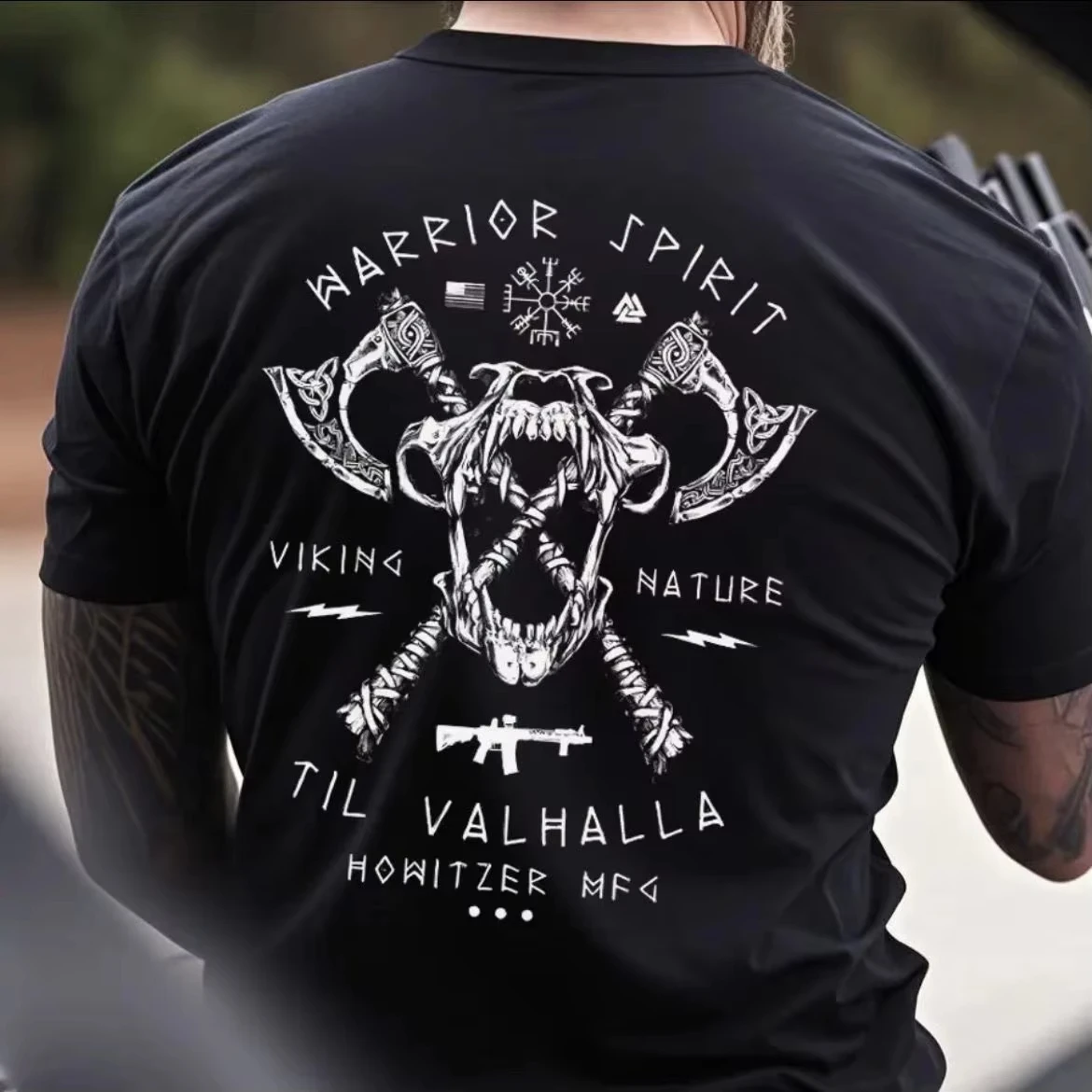 2026 New Tactical Family Matching Oversized Unisex Streetwear T Shirt Viking Beast Skull Cross Axe Print Tee Short Sleeve Tops