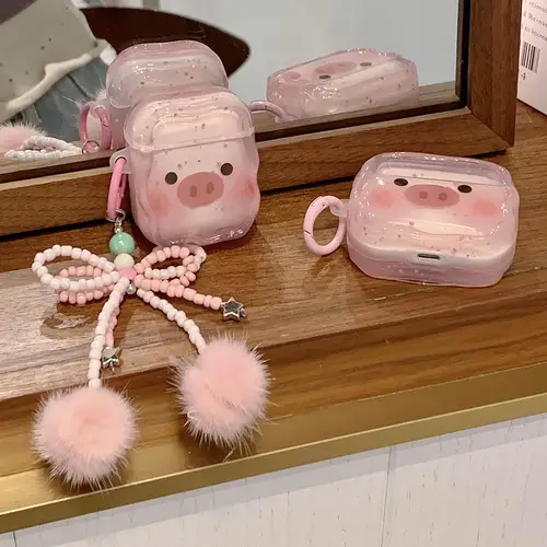 For AirPods 4 Pro 2nd Case Cute Cartoon Pink Pig Soft TPU Cover For AirPod 5 2 3 Wave Earphone Charging Box Beads Bow Keychain - Image 2