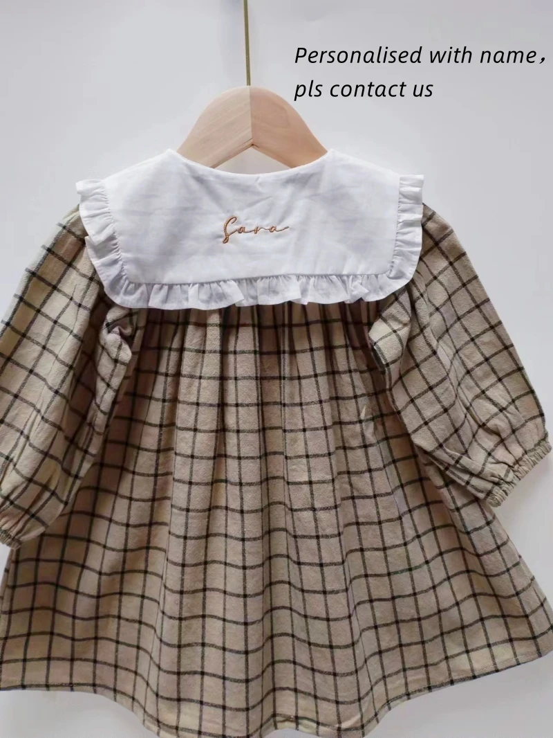 Personalised Family Matching Clothes Spring Summer Customized Name Shirt Plaid Mother Daughter Long-sleeved Soft Cotton Dress