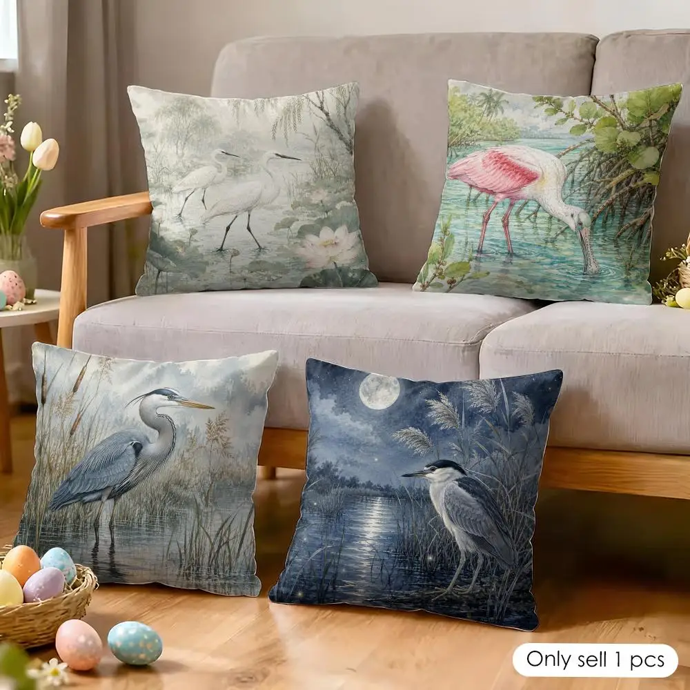 Marsh Heron Watercolor Cushion Cover Soft Short Plush Pillow Cover Smooth Cozy Texture Aesthetic Cushion Case Home Decor