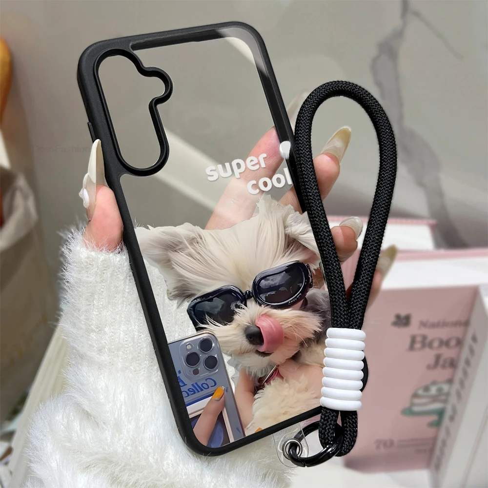 Cute Puppy Transparent Phone Case For Samsung S26 Ultra S25 A57 A36 A26 A17 A37 A56 A16 A06 A07 Shockproof Cover With Lanyard