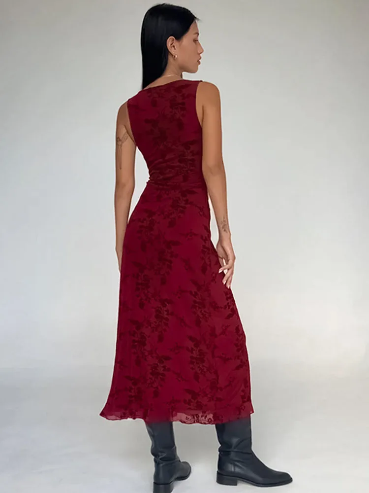 Tossy Summer Printed Deep V Long Dress Women's Fashion Floral Contrast Color Sleeveless Waist Slim New Evening Dress Long Dress