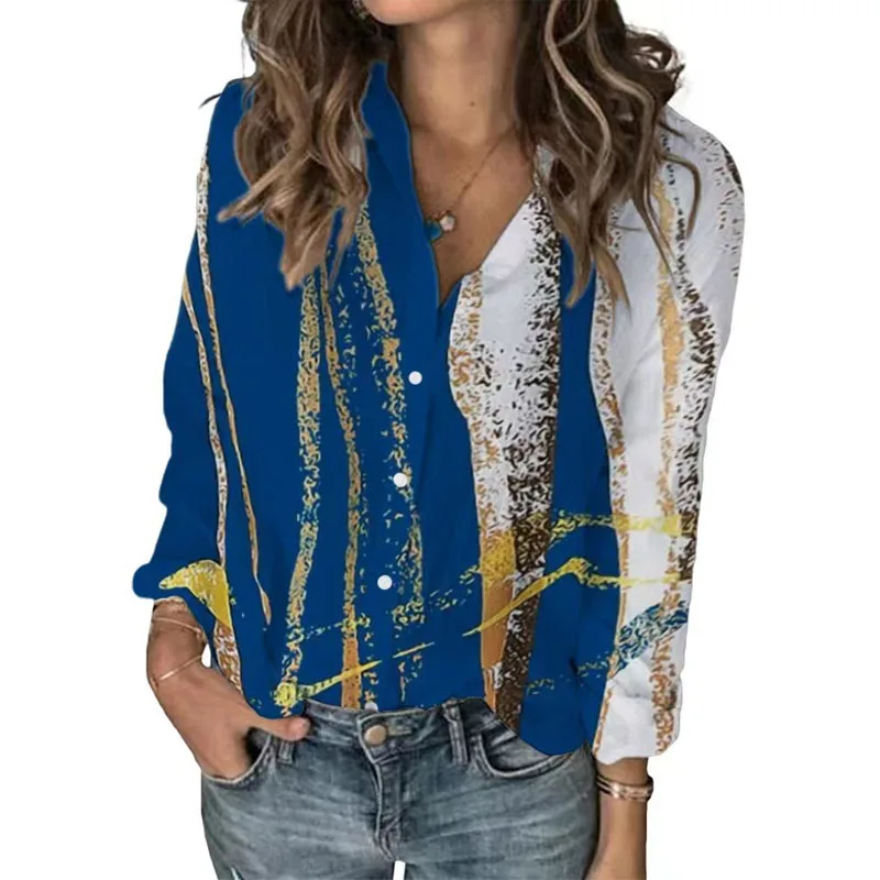 Camisa de manga larga con cuello de Polo para mujer, ropa informal versátil con botones de empalme, estampado a la moda, otoño e invierno, 2023