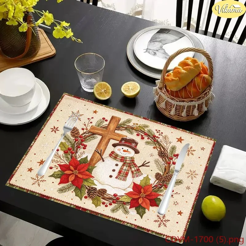 VIKAMA Christmas Placemats, Orange Peach Gingerbread House Candy Cane Print, Washable Winter Holiday Kitchen Party Mat