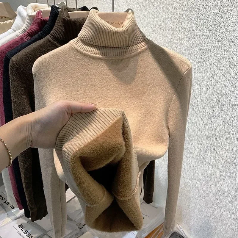 New High Necked Sweater Women Plush Thickened Pullover Integrated Mink Velvet  Inner Knit Top Bottoming Shirt Autumn Winter