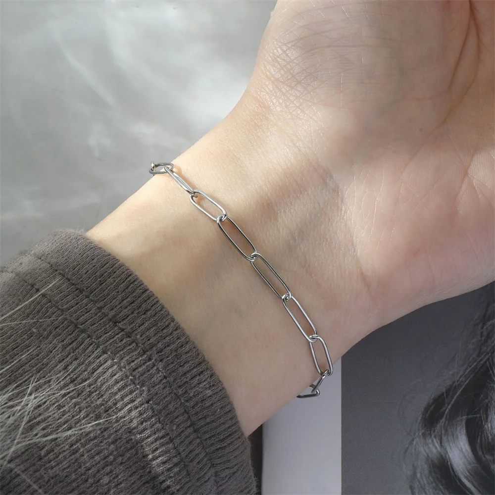 Punk Paperclip Chain Link Bracelet Wholesale Female Silver Color Stainless Steel Hand Chains for Women Fashion Jewelry Gift