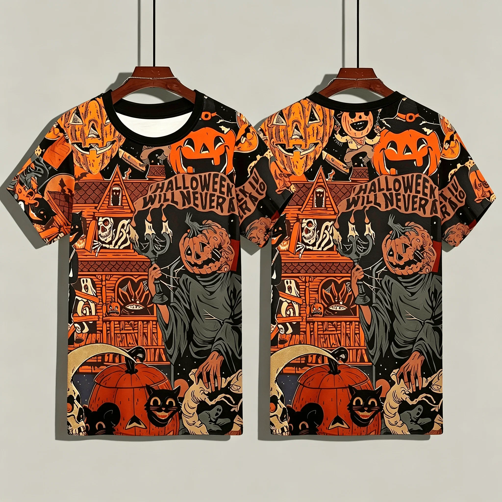 Summer Men's 3D Printed Halloween Themed T-shirt - Full Page Printed with Haunted House, Bat, Lantern, and Ghost Patternstops
