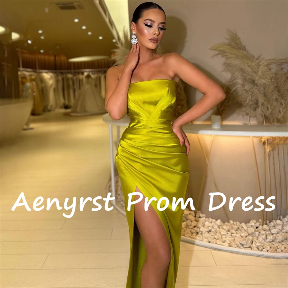 Aenyrst Sexy Strapless Satin Evening Dresses Mermaid Side High Split Prom Gowns Floor Length Dinner Party Dress فساتين السهرة