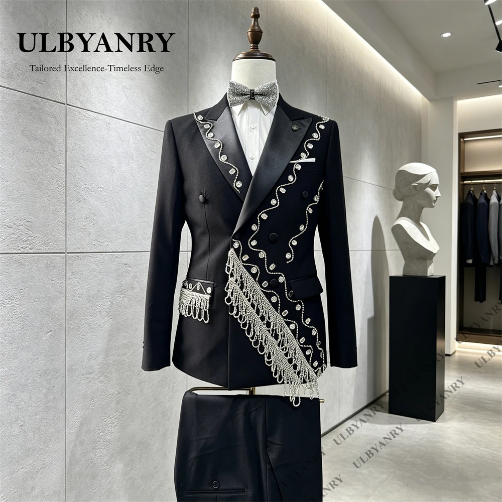 ULBYANRY Men's 2pc Formal Suit Set for Formal Events, Wedding Grooms Suit Double Breasted Jacket with Crystals Tassels Prom Suit