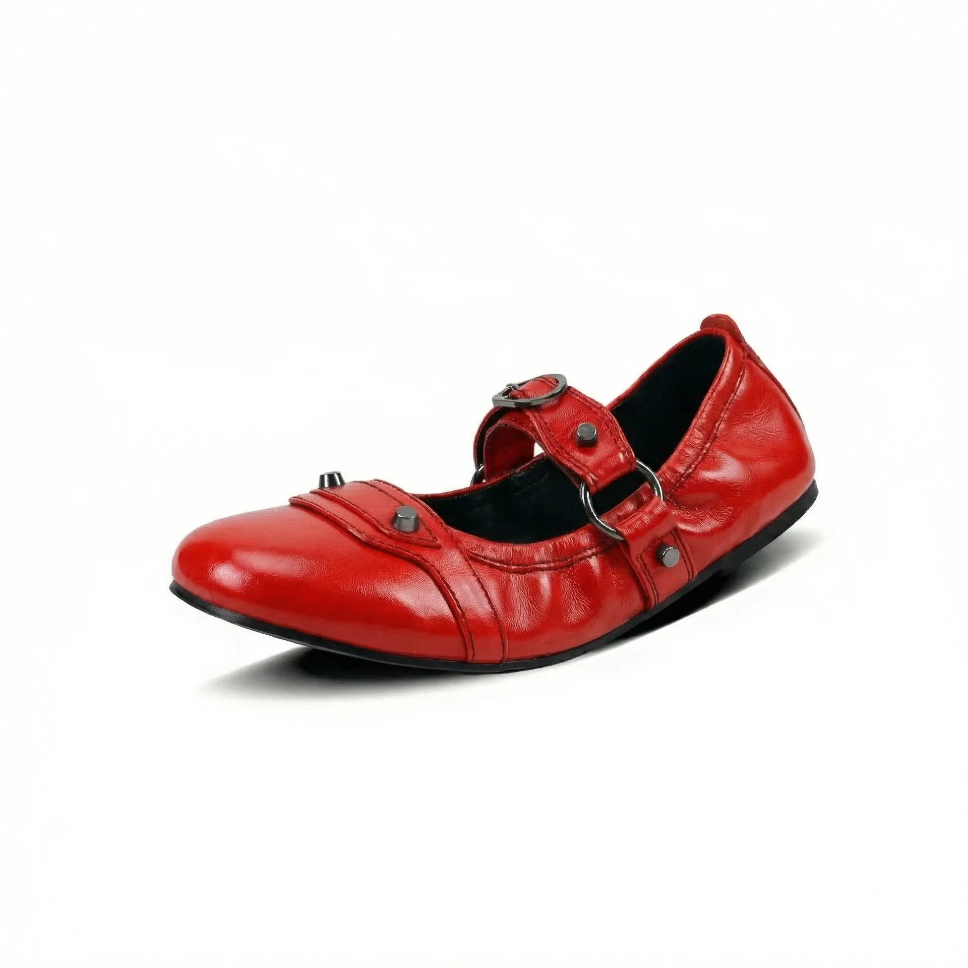 Women's Leather Mary Jane Flats Adjustable Buckle Strap Rivet Accents Edgy Retro Style for Daily Commute Casual Chic Outfits