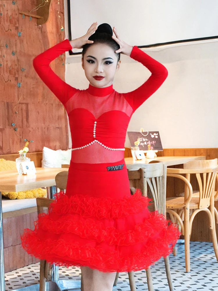 Trajes de baile latino para niñas, faldas divididas con mangas de malla roja, traje de Samba Chacha, ropa de baile latino XH3969, 2026