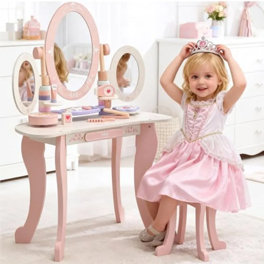 

Vanity Set with Mirror and Stool Tri-Folding Mirror Make Up Dresser Table with Drawers Vanity Table and Chair Set Wooden Prince